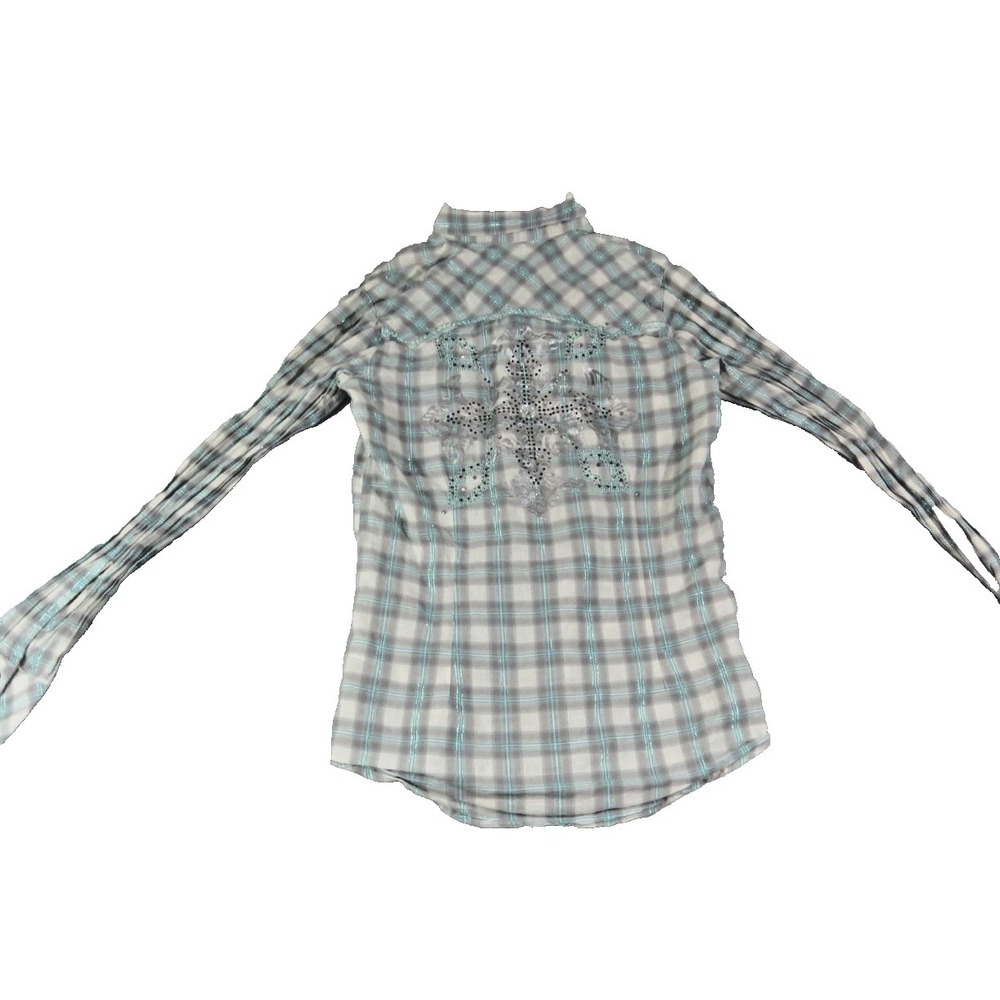 Rock 47 Wrangler Western Shirt Womens Small Aqua Plaid Rhinestone Bling Back EUC